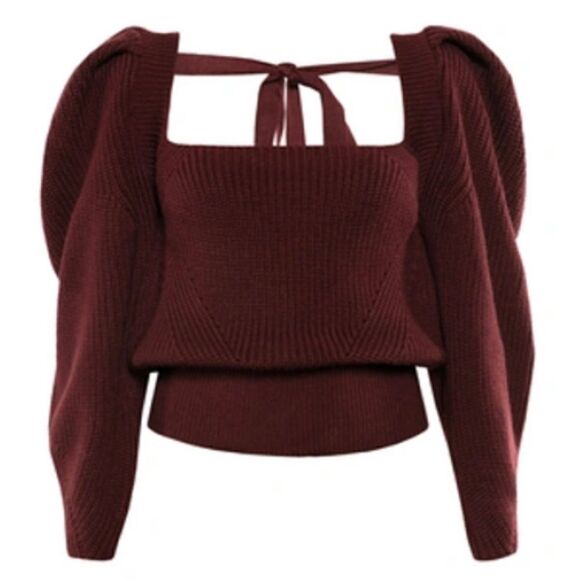 Anna October Rachel Tie-Accented Wool-Knit Sweater In Burgundy, Size XL - Picture 1 of 13